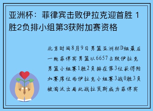 亚洲杯：菲律宾击败伊拉克迎首胜 1胜2负排小组第3获附加赛资格